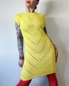 Mellow Yellow. Beautiful Vintage early/mid 1960's lemon yellow knit mini mod with engineered pointelle chevron details and dolman cap sleeves. The super seasonless staple in my favorite color.  Fits S/M/L (I'm about a M), but please use measurements as fit guide. 17.5"-21" bust (on the half)  15"-18" waist (on the half)  17"-21" hip (on the half)  36.5" length  Unlined - sheer Center back metal zipper closure Cotton blend, possibly cotton/rayon  Sweater knit with engineered pointelle chevron  Dolman cap sleeve  Rib knit trim at nice, cuffs and hem  Excellent vintage condition (light wear to enamel on zipper pull, does not effect wear) Color Fits, Yellow Knit, My Favorite Color, Mellow Yellow, Lemon Yellow, Metal Zipper, Sweater Knit, Dress Clothes For Women, Favorite Color