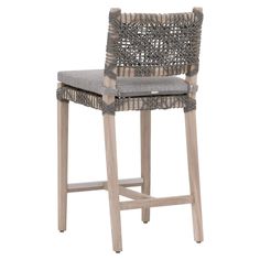 an upholstered wooden bar stool with grey fabric seat padding and backrests