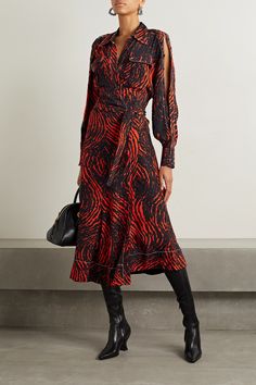 Proenza Schouler's dress is made from lightweight crepe de chine and patterned with mesmerizing spirals. It's designed in a wrap silhouette and has cutouts at the small of the back and sleeve. Make the most of the floaty, asymmetric hem and wear yours with knee boots. Fall Winter 2022 2023 Trends Dress, Dresses Fall Winter 2022 2023, Runway Ss23, Proenza Schouler Dress, Wearing Clothes, Proenza Schouler, Red Fashion, Long Maxi Dress, Asymmetric Hem