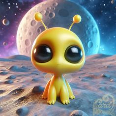 a little yellow alien sitting on top of a moon covered surface in front of a full moon