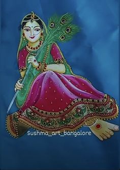 a painting of a woman sitting on the ground holding a peacock in her hand and wearing a green sari