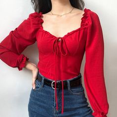 Cleo Mode Chanel, Red Top, Puff Sleeve Top, Blouse Vintage, Casual Blouse, Looks Vintage