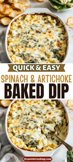 spinach and artichoke baked dip in a white casserole dish with text overlay