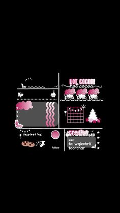 a black background with pink and white designs on it