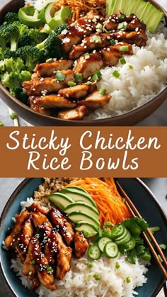 chicken rice bowls with chopsticks and broccoli