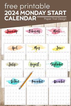 the free printable calendar for monday start with watercolor paint and a pencil on top