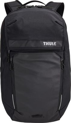 a black backpack with the word thule on it