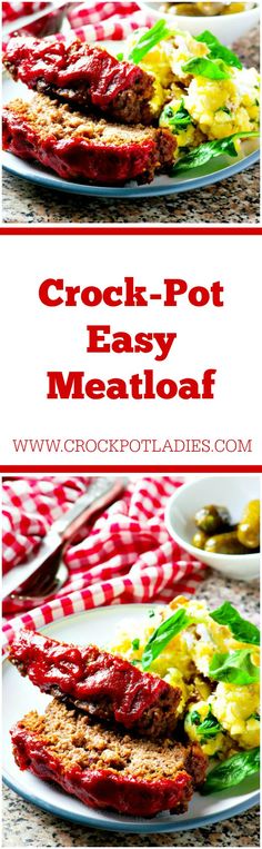 crock - pot meatloaf on a white plate with red and white checkered table cloth