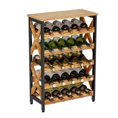 a wooden wine rack filled with lots of bottles