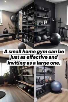 there are several pictures of the same room in this house, including exercise equipment and yoga balls