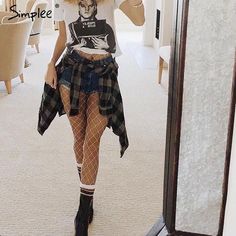 Simplee Sexy hollow out white fishnet stocking female Casual summer 2017 plaid women pantyhose Slim party club colorful tights White Fishnet Stockings, Princess Pia Mia, White Fishnets, Pia Mia, Look Grunge, Fest Outfits, Instagram Baddie, Neue Outfits, Mode Casual