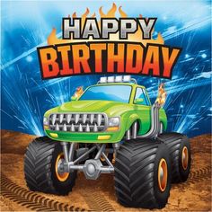 a monster truck birthday card with the words happy birthday