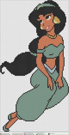 a cross stitch pattern with a woman in a green dress and hat on the floor