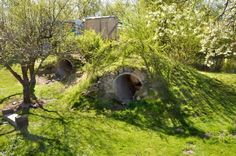 an underground tunnel in the middle of a grassy area with trees and bushes around it