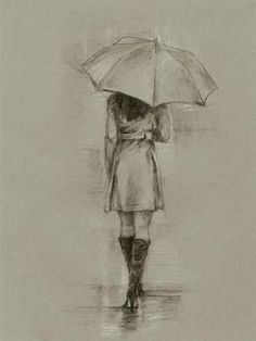 a pencil drawing of a woman walking in the rain with an umbrella over her head