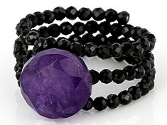 9-10mm Round Amethyst with 2-2.5mm Round Black Spinel Stretch Ring. Measures approximately .78"L x .39"W. Black Amethyst Round Jewelry, Black Amethyst Jewelry, Adjustable Black Amethyst Jewelry, Adjustable Faceted Crystal Ring, Stretch Ring, Black Spinel, Purple Amethyst, Amethyst, Ring