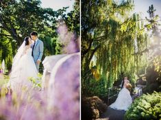 the bride and groom are posing for their wedding pictures in front of some trees with purple flowers