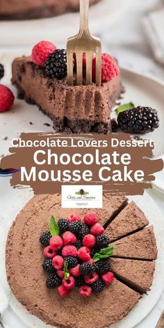 chocolate mousse cake with raspberries and blackberries on top, topped with a fork