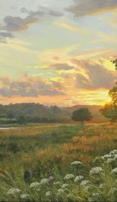 a painting of the sun setting over a field with wildflowers and trees in the foreground