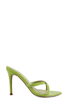 Step out in this mesmorizing stiletto sandal fronted by a pointed toe pad and topped with glossy straps. 4" heel Synthetic upper, lining and sole Imported Green Heels With Sculpted Heel And Single Toe Strap, Fitted Heels With Padded Heel And Toe Post, Fitted Toe Post Heels For Night Out, Fitted Toe Post Heels With Padded Heel, Green Single Toe Strap Heels For Party, Trendy Green Heels With Single Toe Strap, Leather Toe Post Heels For Party, Sleek Heels With Heel Strap And Toe Post, Chic Fitted Toe Post Heels