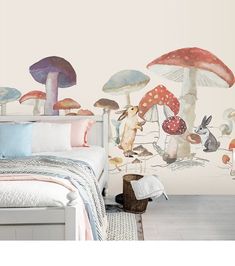 a bedroom with mushrooms and rabbits painted on the wall