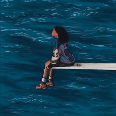 a painting of a woman sitting on a surfboard in the middle of the ocean