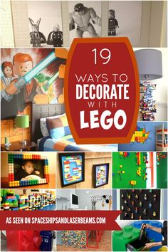 a collage of photos with legos on the wall and text that reads 19 ways to decorate with lego