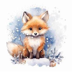 a painting of a fox sitting in the snow