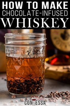 Mason jar with whiskey being infused by small chocolate pieces nicley backlight with warm sunlight. Whiskey Food Recipes, Whiskey Infusion Recipe, Infused Bourbon Recipes, Infused Whiskey Recipes, Diy Infused Whiskey, Alcohol Infused Chocolate, Bourbon Infusions, Whiskey Infusion, Apple Infused Whiskey