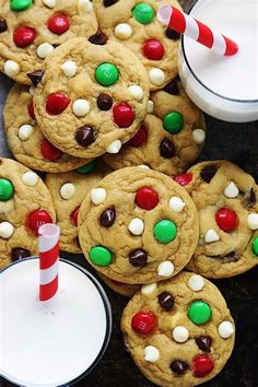 chocolate chip cookies with candy canes and milk