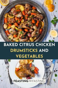 baked citrus chicken drums and vegetables on a plate