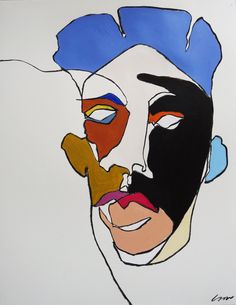 an abstract painting of a man with blue hair and face painted in black, white, and red