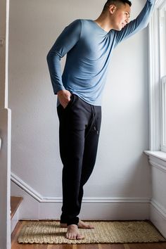 At the end of the day, he deserves comfort. The Zach Jogger is velvety soft, warm, and naturally wicking, making weekend to-dos way more chill. Details include side pockets, drawstring waist, and tapered leg. Our signature-soft bamboo fabric tailored for men! Favorite Pairings: Joey Hoodie, Travis Hoodie, Nathan Short Sleeve Tee Sleep Outfit, Mens Lounge, Mens Lounge Pants, Silk Outfit, Eco Friendly Clothing, Sweatshirt Fabric, Wardrobe Ideas, Tshirt Outfits, Bamboo Fabric