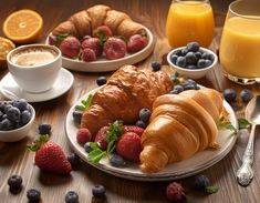 croissants, berries and orange juice on a table