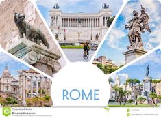 a collage of photos with the words rome in blue and white, surrounded by images of ancient buildings