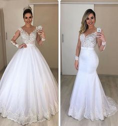 two pictures of a woman wearing a wedding dress and taking a selfie with her cell phone