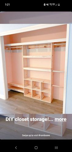 an open closet with shelves and drawers in it