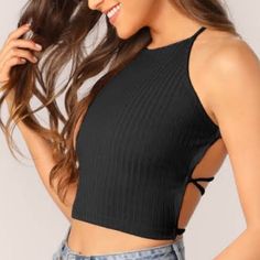 **Brand New** Black Backless, Slightly Cropped Top Black Halter Top With Built-in Bra For Spring, Casual Black Backless Halter Top, Black Cami Crop Top For Night Out, Backless Black Tank Top For Night Out, Black Backless Tank Top For Night Out, Black Edgy Backless Crop Top, Casual Black Backless Tank Top, Trendy Black Backless Tank Top, Trendy Black Backless Crop Top