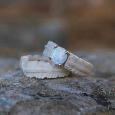 two opal rings sitting on top of a rock