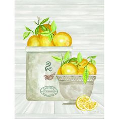 a painting of lemons in a bowl on a white table with a wooden background