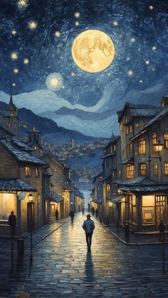 a painting of a man walking down a street at night with the moon in the sky