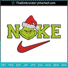 the grin face is wearing a santa hat and green letters that read, noke