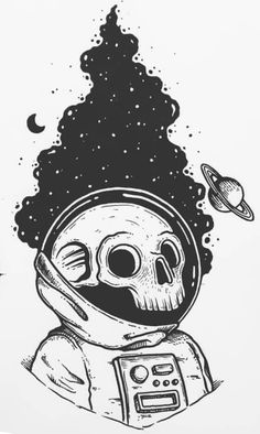 an astronaut with a skull on his face and planets in the sky behind him, drawn by hand