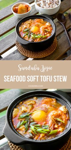 the seafood soft tofu stew is served in a black bowl with spoons and rice