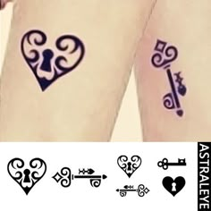 two tattoos with keys and hearts on their arms, one has a key to the heart