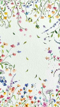 watercolor painting with flowers and leaves in the center, on white paper that has been painted