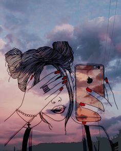 a drawing of a woman holding an iphone in front of her face with the sky and clouds behind her