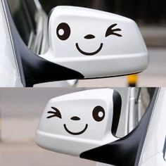 two pictures of the side view mirror of a car with a smiley face drawn on it