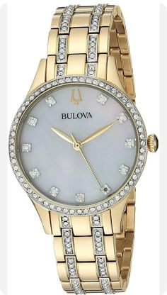 Elevate your style with this stunning Bulova women's wristwatch. Featuring a 32mm round stainless steel case and a two-tone bracelet, this dress/formal watch is a perfect blend of elegance and durability. The white dial with multiple hands and 12-hour indices is complemented by crystal accents, adding a touch of sophistication. This quartz movement watch has a water resistance of 30m and a mineral crystal, making it a perfect accessory for everyday wear. The watch comes with a seller's warranty and has a reference number 98X119. Shop now to add this Bulova watch to your collection. Elegant Polished Finish Watches, Elegant Analog Watches For Wedding, Elegant Wedding Watch With Metal Dial, Rose Gold Jewelry And Watches For Formal Occasions, Elegant Diamond Watch With Metal Dial, Elegant Formal Diamond Watch In Stainless Steel, Elegant Stainless Steel Diamond Watch For Formal Occasions, Elegant Anniversary Watches With Metal Dial, Anniversary Diamond Watch With Metal Dial