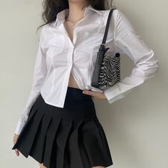 Preppy Mode, Blouses Vintage, Basic Crop Top, Skirt Y2k, Button Blouse, Estilo Preppy, Basic Long Sleeve, Turndown Collar, Blouse White